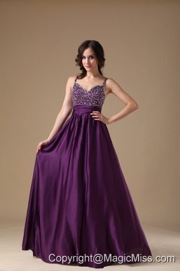 Purple Empire Straps Floor-length Taffeta Beading Prom Dress