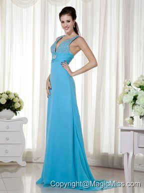 Baby Blue Column V-neck Brush Train Chiffon Beading and Ruch Prom / Celebrity Dress