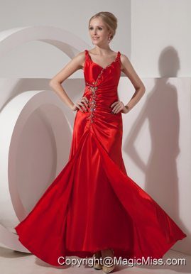 Red Column Straps Floor-length Silk Like Satin Beading Prom Dress