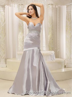 Modest Satin and Ruched Bodice Beaded Decorate Waist For Prom Dress