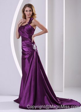 Eggplant Purple One Shoulder Evening / Prom Dress With Ruch and Appliques Court Train Elastic Woven Satin