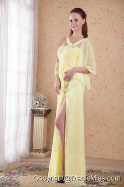 Light Yellow Empire Asymmetrical Floor-length Chiffon Beading and Rhinestones Prom / Evening Dress