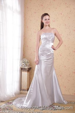 White Column Strapless Court Train Satin Appliques and Ruch Prom Dress