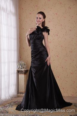 Black A-line / Princess One Shoulder Court Train Taffeta Beading and Ruch Prom / Celebrity Dress