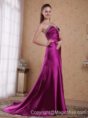 Fuchsia Column/Sheath Sweetheart Brush/Sweep Elastic Woven Satin Beading and Pleat Prom Dress