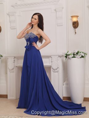 Blue Empire Sweetheart Court Train Chiffon Beading and Bow Prom Dress
