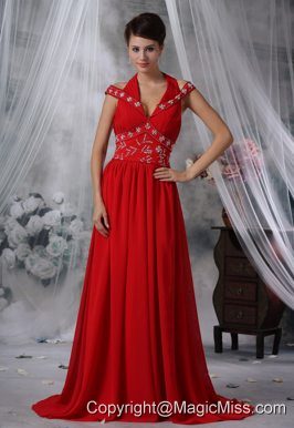 Iowa City Iowa V-neck Beaded Decorate Wasit Ruched Decorate Bust Brush Train Red Chiffon For 2013 Prom / Evening