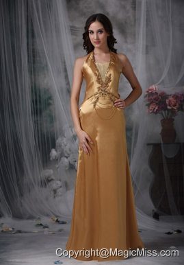 Champagne Empire Halter Floor-length Taffeta Beading Prom Dress