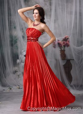 Red Column Strapless Floor-length Elastic Wove Satin Pleat Beading Prom Dress