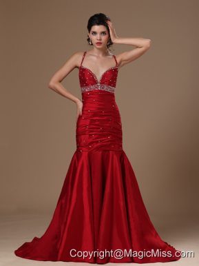 Wine Red Taffeta Mermaid Sweep Hottest Beaded Prom Gowns For Custom Made