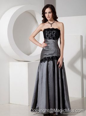Silver A-Line / Princess Strapless Floor-length Taffeta Lace Prom Dress
