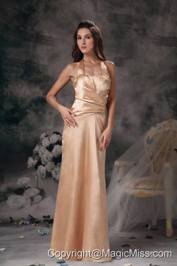 Champagne Column Halter Floor-length Satin Ruch Prom Dress