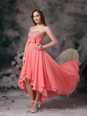 Watermelon Red A-line Sweetheart High-low Chiffon Beading and Bows Prom Dress