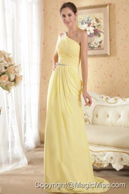 Yellow Column / Sheath One Shoulder Brush Train Chiffon Beading and Ruch Prom / Evening Dress