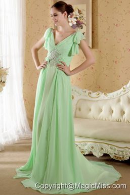 Apple Green Empire V-neck Short Sleeves Court Train Chiffon Beading and Ruch Prom / Graduation Dress