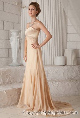 Champagne A-line / Princess Sweetheart Court Train Chiffon Beading Prom Dress