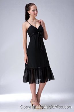 Black Column Straps Tea-length Chiffon Ruch Bridesmaid Dress