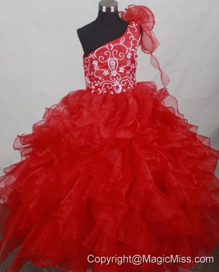 Popular Red One Shoulder Flower Girl Pageant Dress With Ruffled Layers and Embroidery Decorate