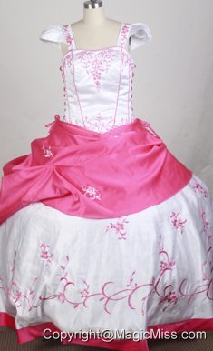 White and Hot Pink Cap Sleeves Embroidery Decorate Flower Girl Pageant Dres