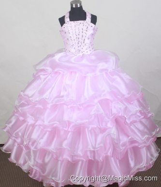 2013 Brand New Halter Baby Pink Flower Girl Pageant Dress With Beaded and Ruffled Layers Decorate