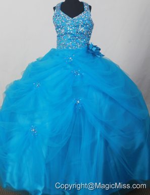 Blue Sweet Haltert Neckline Flower Girl Pageant Dress With Beaded and Flowers Decorate