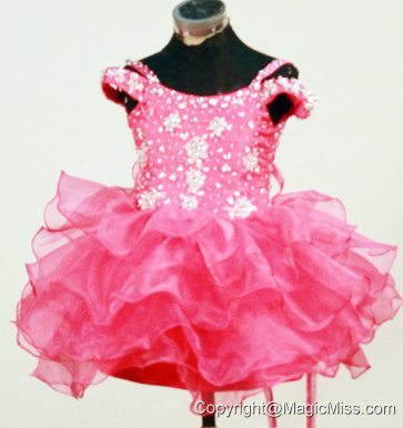 Spaghetti Straps Hot Pink Beaded Decorate Mi-length Organza Flower Girl Pagaent Dress