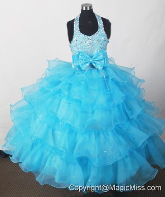 2013 Perfect Aqua Blue Little Girl Pageant Dresses With Beading Bowknot and Ruffled Layers