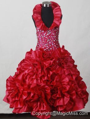 2013 Red Little Girl Pageant Dress With Hand Made Flowers and Beading
