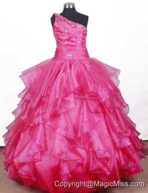 Beautiful Beading Ruffles Ball Gown Little Gril Pageant Dress One Shoulder Floor-length
