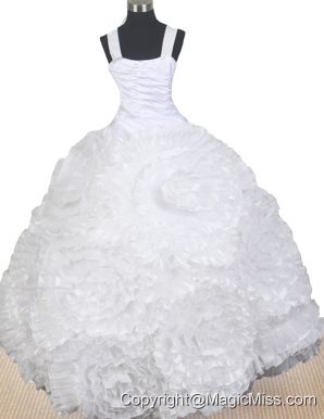 Elegant Hand Made Flowers Decorate Bodice Ball Gown Little Gril Pageant Dress Straps Floor-length