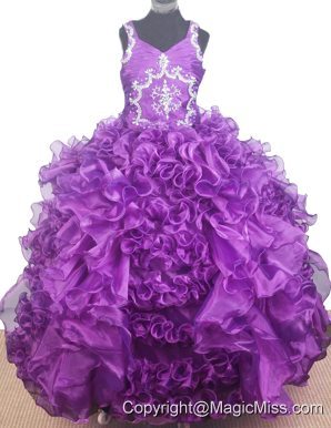 Luxurious Beading and Ruffles Ball Gown V-neck Little Gril Pageant Dress Floor-length