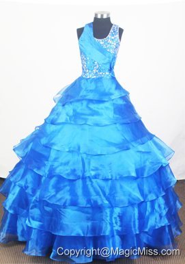 Blue Little Gril Pageant Dress With Ruffled Layered and Beading