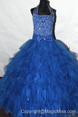 Beaded and Ruffled Layers Decorate Gorgeous Halter Neckline Flower Girl Pageant Dress
