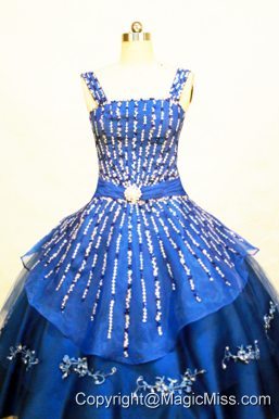 Blue Straps Neckline Flower Girl Pageant Dress With Beaded and Appliques Decorate On Organza