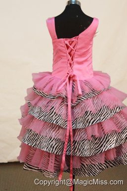 Beautiful Asymmetrical Neckline Rose Pink Organza Flower Girl Pageant Dress With Beaded Decorate