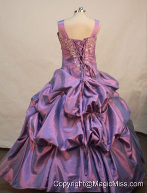 Lavender Taffeta and Tulle Straps Neckline Appliques and Flowers Decorate Flower Gril Pageant Dress