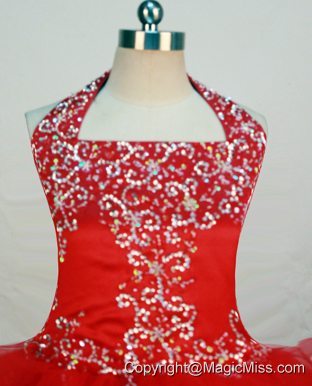 Red and Halter For Little Girl Pageant Dresses With Ruffled Layers
