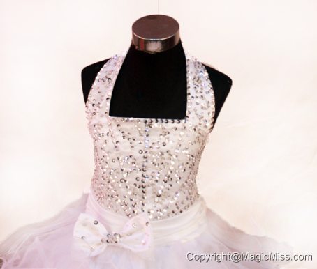 White Beading and Halter For Little Girl Pageant Dresses With Organza and Floor-length