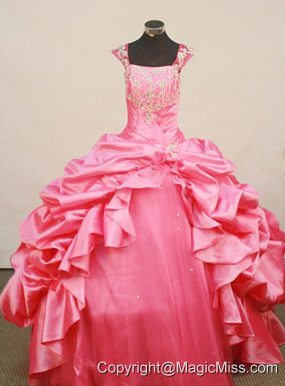 Fashionable Little Girl Pageant Dress Beaded Decorate Bust Square Neck Hot pink Taffeta 