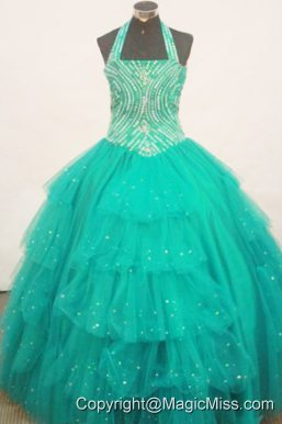 Beaded Decorate Bust Turquoise Little Girl Pageant Dress Halter Top With Ruffled Layeres