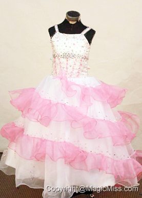 Pretty Pink and White Little Girl Pageant Dress Beaded Decorate With Ruffled Layeres Organza