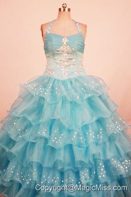 Lovely Ball Gown Little Girl Pageant Dress Ruffled Layered Halter With Floor-Length Aqua Blue Organza