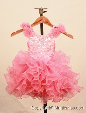 Elegant Ruffles Baby Pink Little Girl Pageant Dress With Hand Made Flowers Scoop Neck 