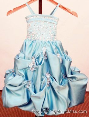 Beading Appliques Spaghetti Straps Little Girl Pageant Dresses With Pick-ups Baby Blue