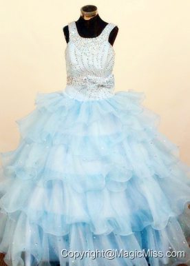 Lovely Baby Blue Ruffled Layeres Little Girl Pageant Dresses Square Neck Floor-Length Ball Gown