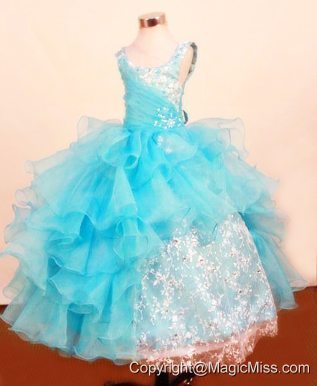 Fashionable Baby Blue Little Girl Pageant Dresses Ruffled Layered Scoop Floor-Length Lace