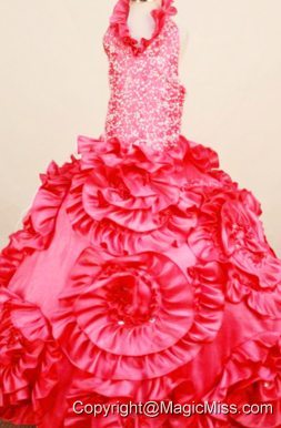 Exquisite Coral Red Little Girl Pageant Dresses Ball Gown Halter top neck Floor-Length