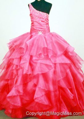 Lovely Beaded Decorate Bust One Shoulder Neck Ruffled Layeres Coral Red Little Girl Pageant Dresses