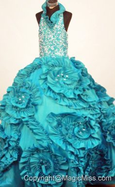 Perfect Little Girl Pageant Dresses Turquoise Halter Top Neck Ruffles Taffeta In 2013