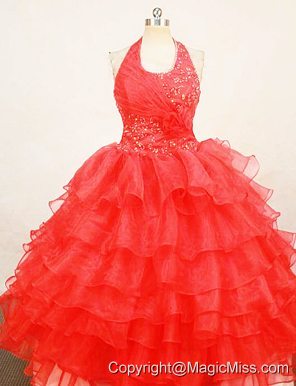 Beaded Red Halter Top Organza Little Girl Pageant Dresses With Ruffles